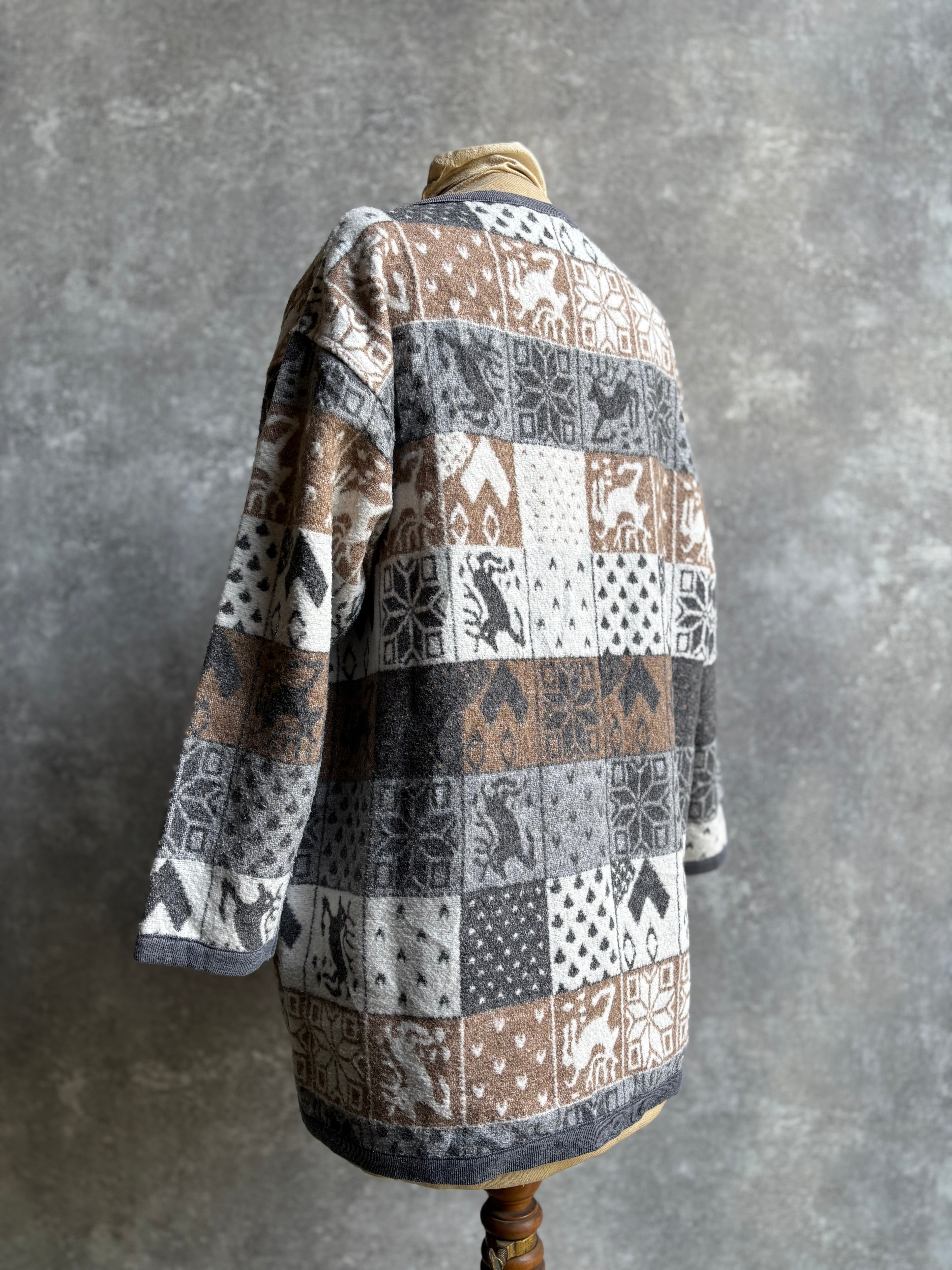 【1980’s】Nordic Pattern Patchwork Fleece Cardigan