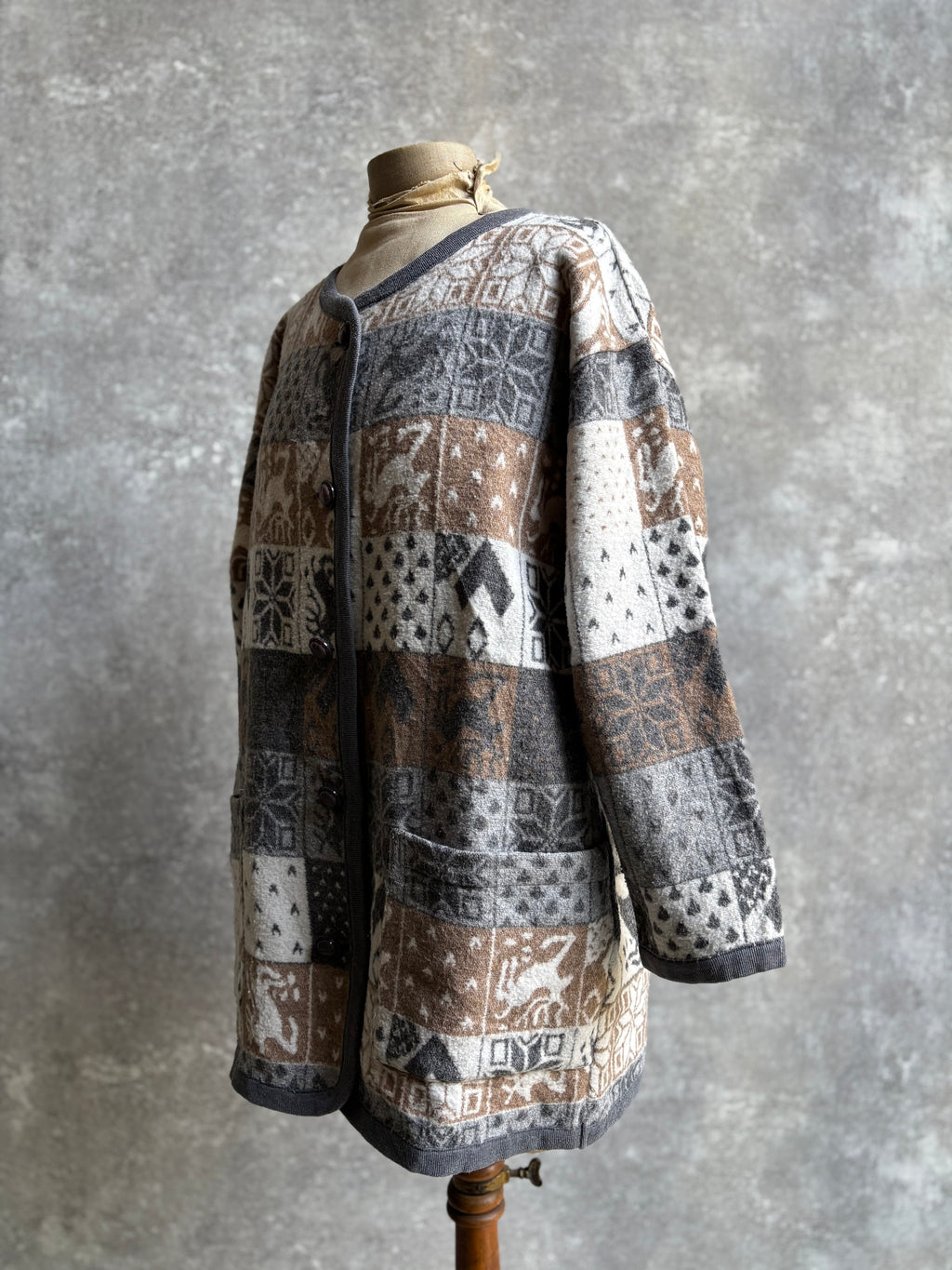 【1980’s】Nordic Pattern Patchwork Fleece Cardigan