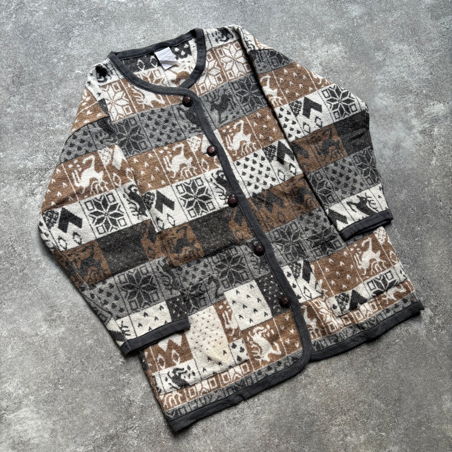 【1980’s】Nordic Pattern Patchwork Fleece Cardigan