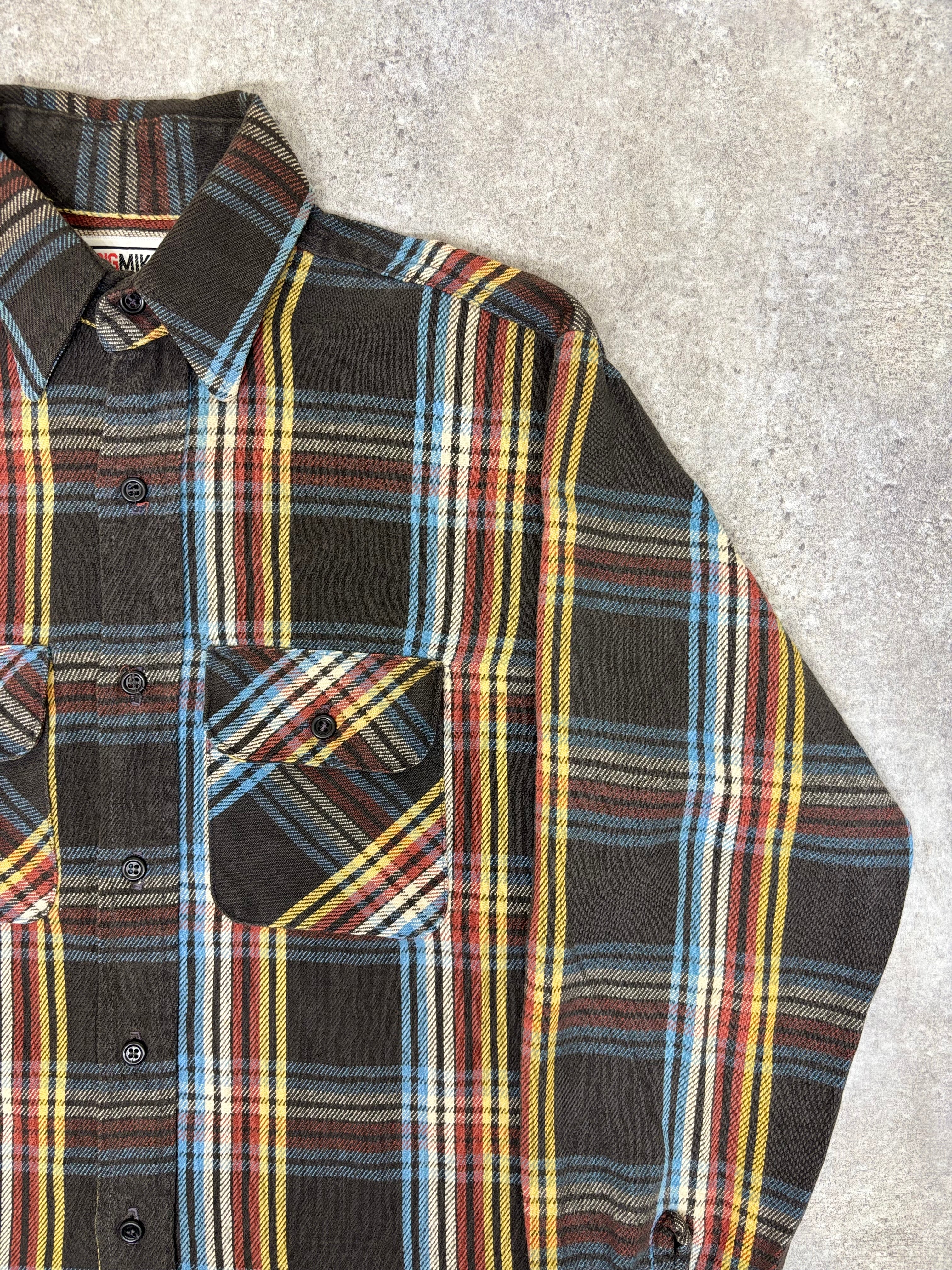 ~1990s BIG MIKE Plaid Flannel Shirt Black × Multi Stripe Check