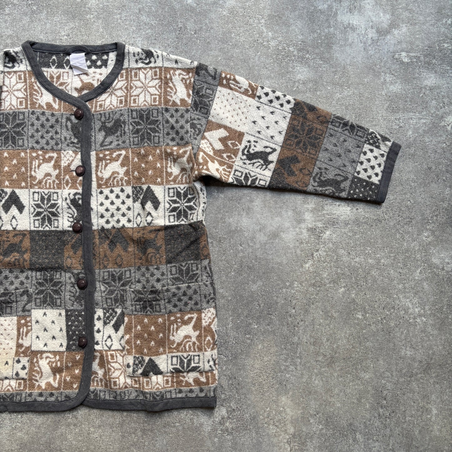 【1980’s】Nordic Pattern Patchwork Fleece Cardigan