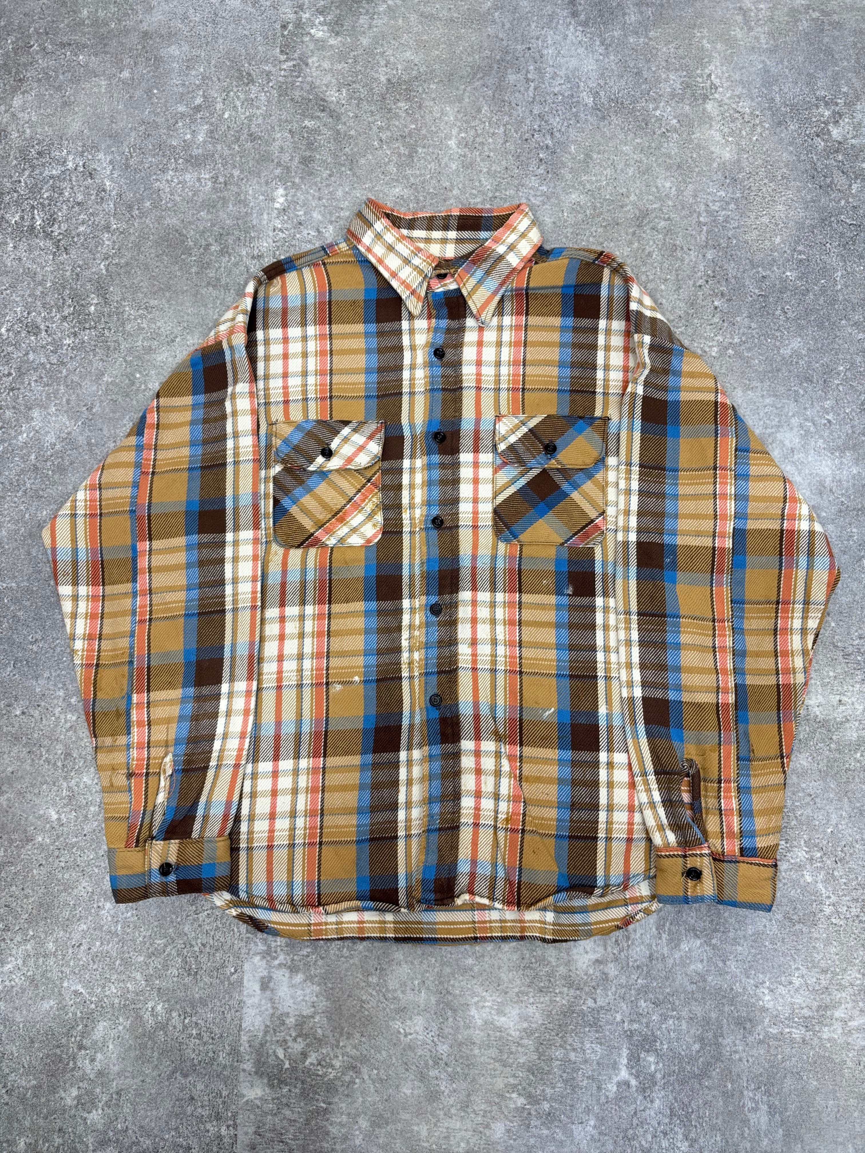 ~1980s Five Brother Flannel Shirt Brown × Blue × Cream Check