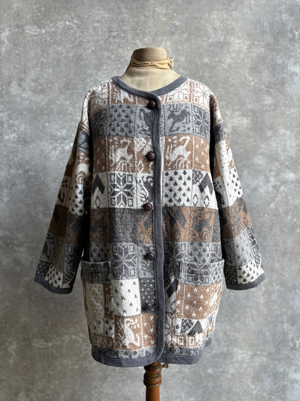 【1980’s】Nordic Pattern Patchwork Fleece Cardigan