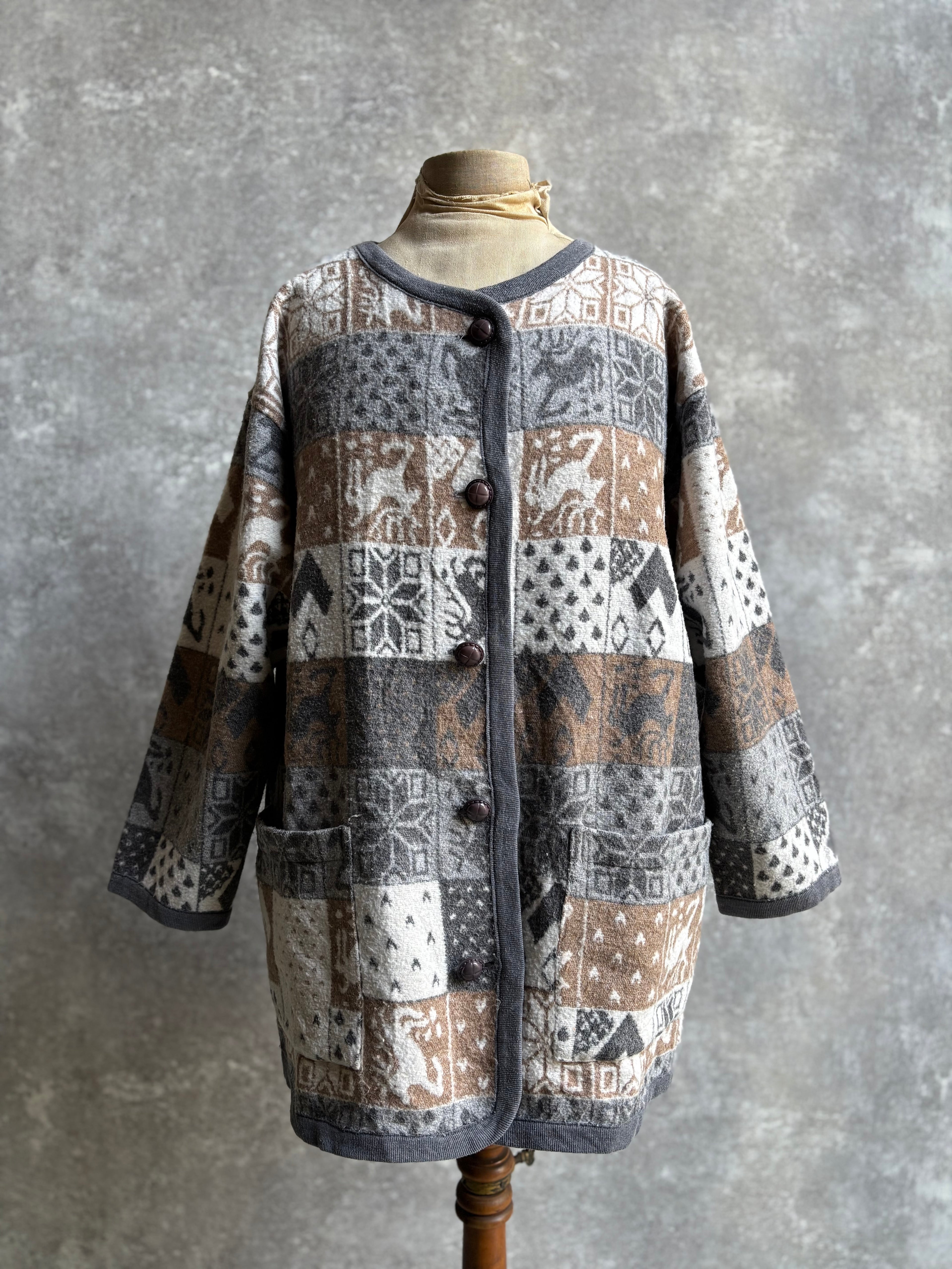 [1980's] Nordic Pattern Patchwork Fleece Cardigan