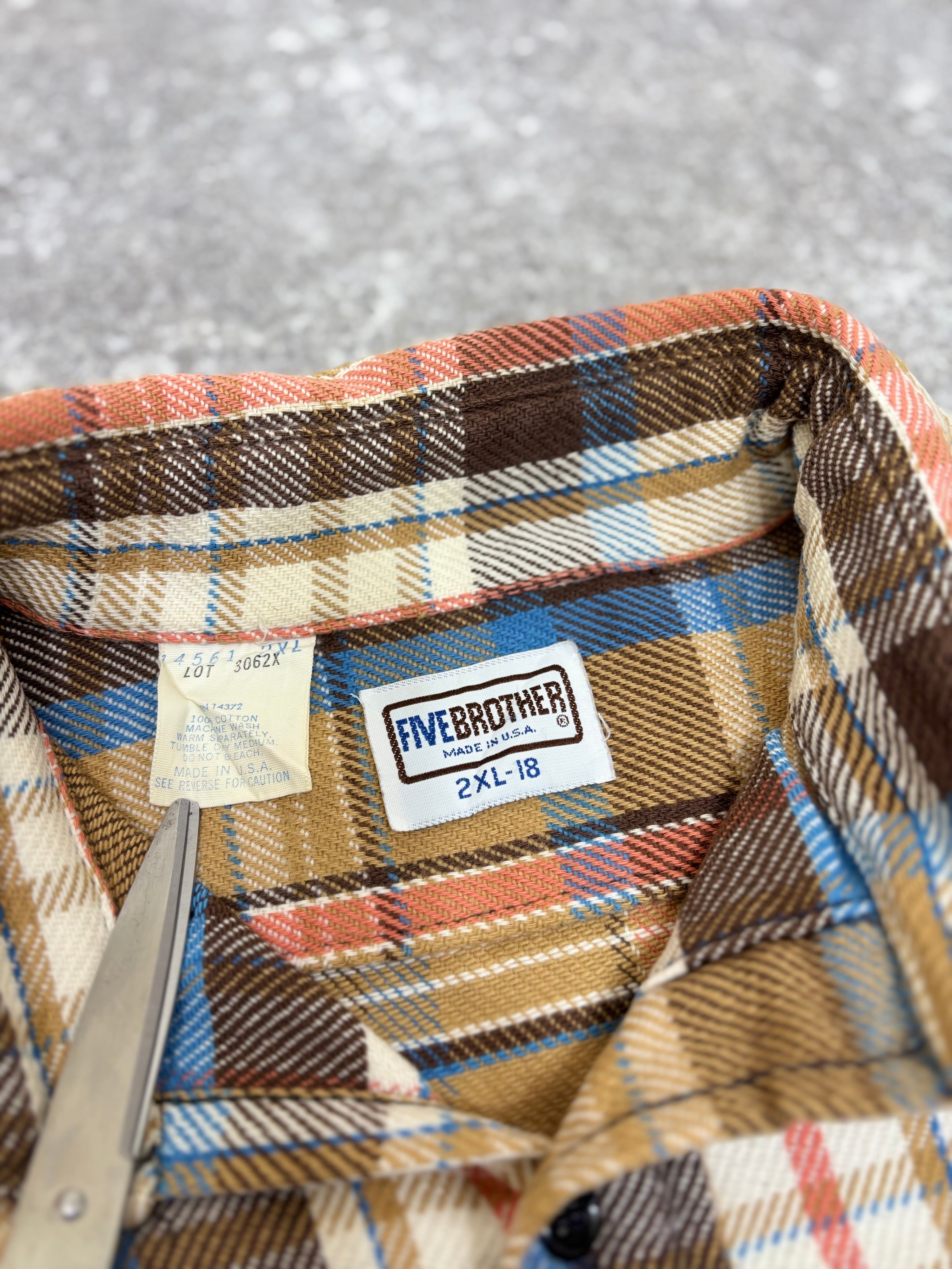 ~1980s Five Brother Flannel Shirt Brown × Blue × Cream Check