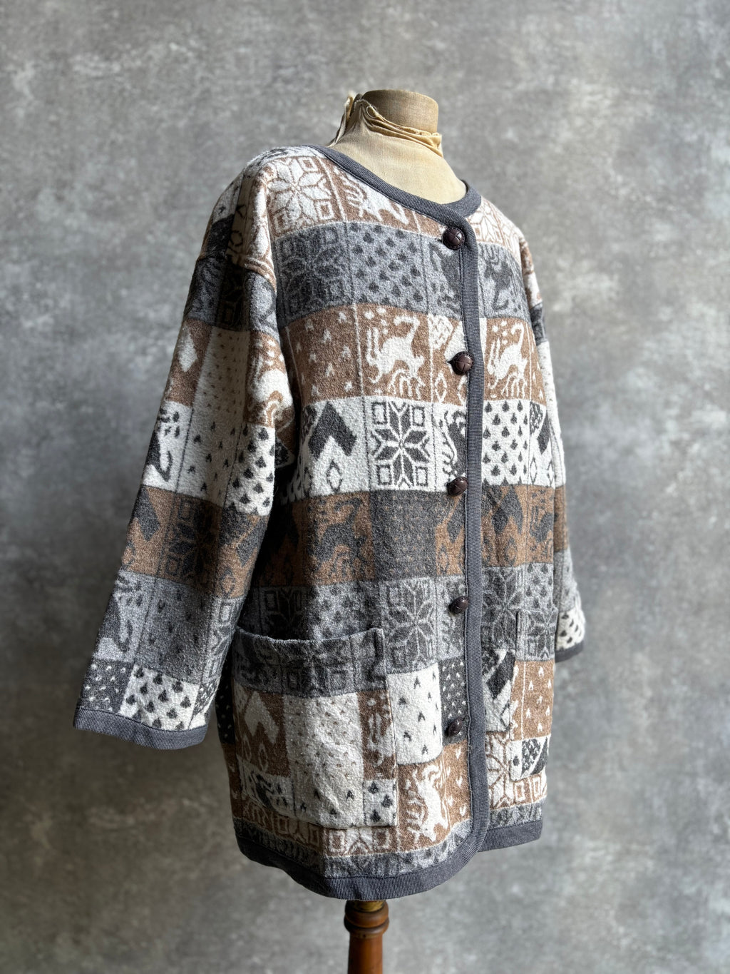 【1980’s】Nordic Pattern Patchwork Fleece Cardigan