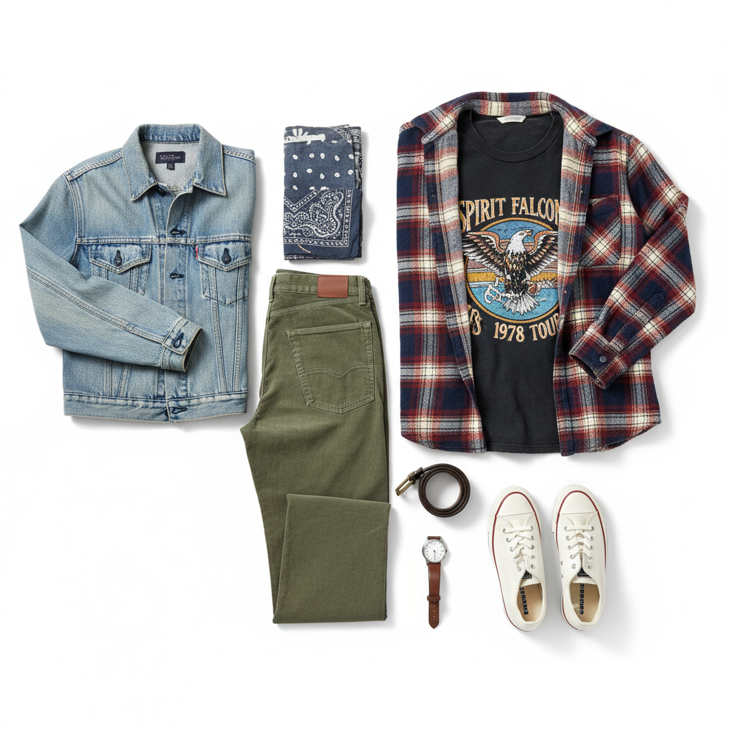 置き画で古着（メンズ）のアイテムが並んでいる画像を正方形で作って