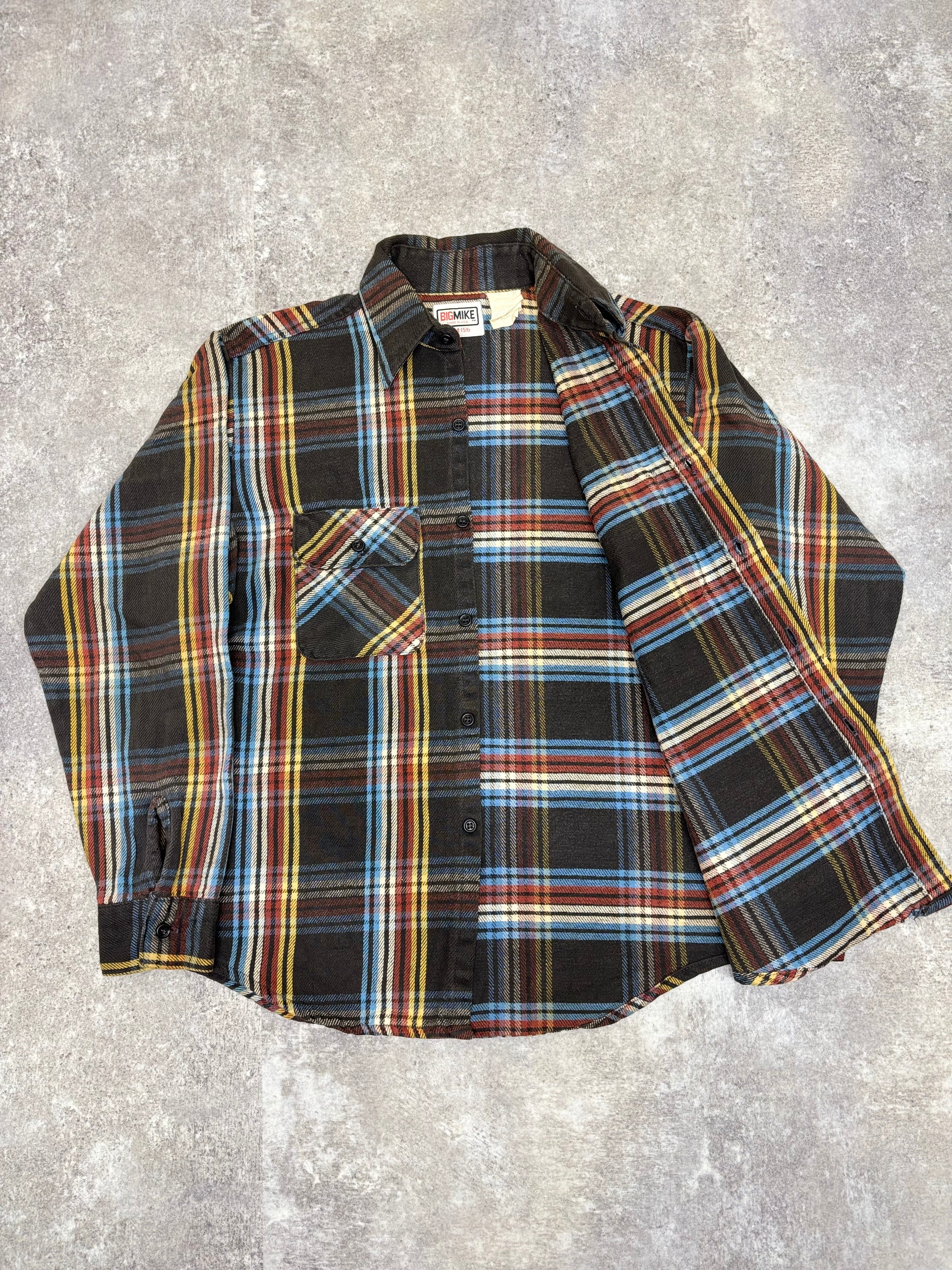 ~1990s BIG MIKE Plaid Flannel Shirt Black × Multi Stripe Check