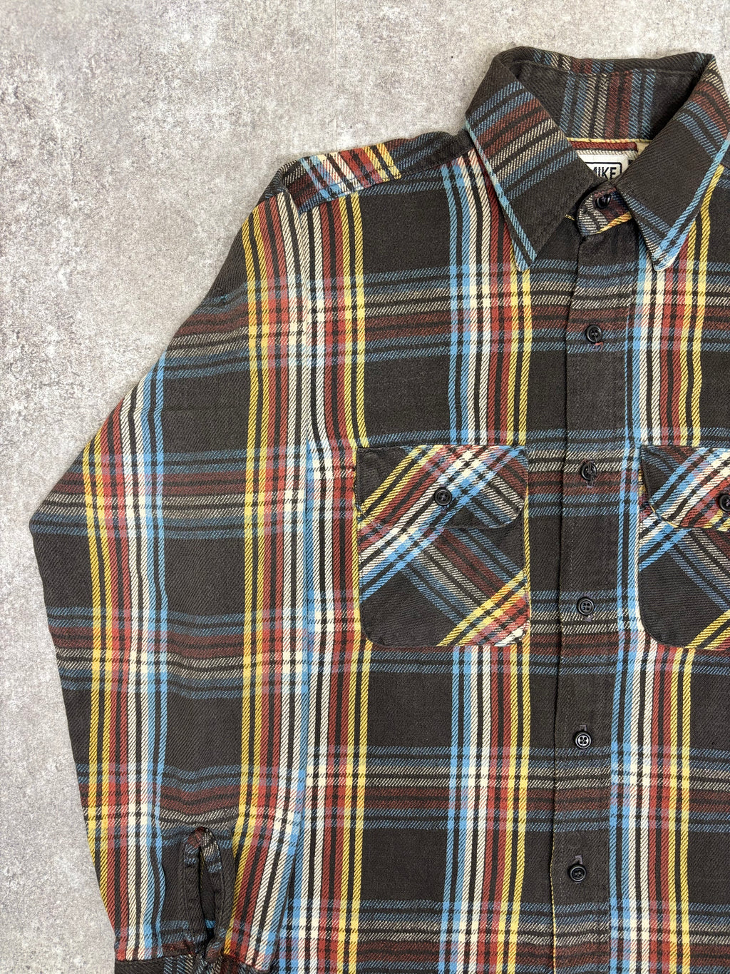 ~1990s BIG MIKE Plaid Flannel Shirt Black × Multi Stripe Check