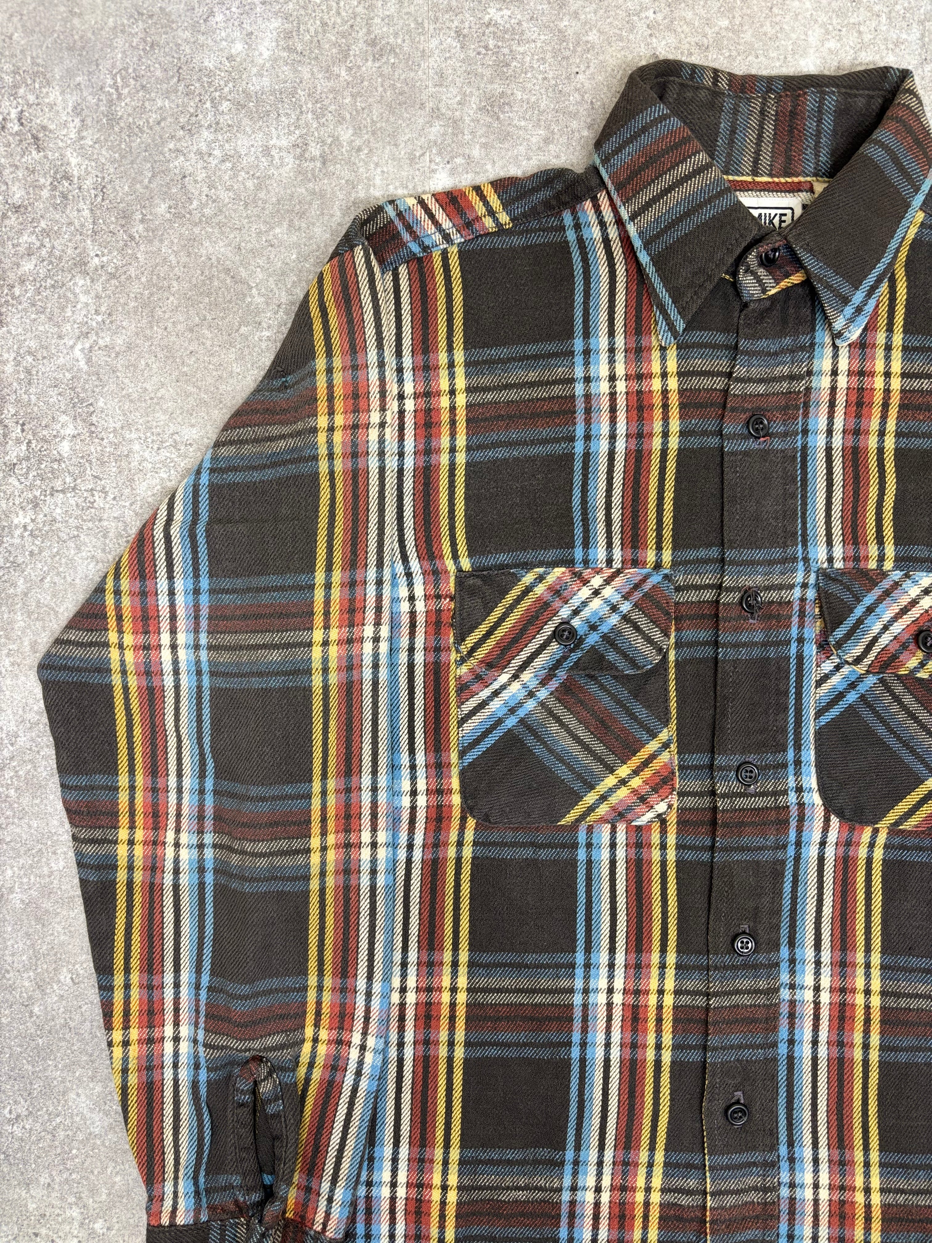 ~1990s BIG MIKE Plaid Flannel Shirt Black × Multi Stripe Check