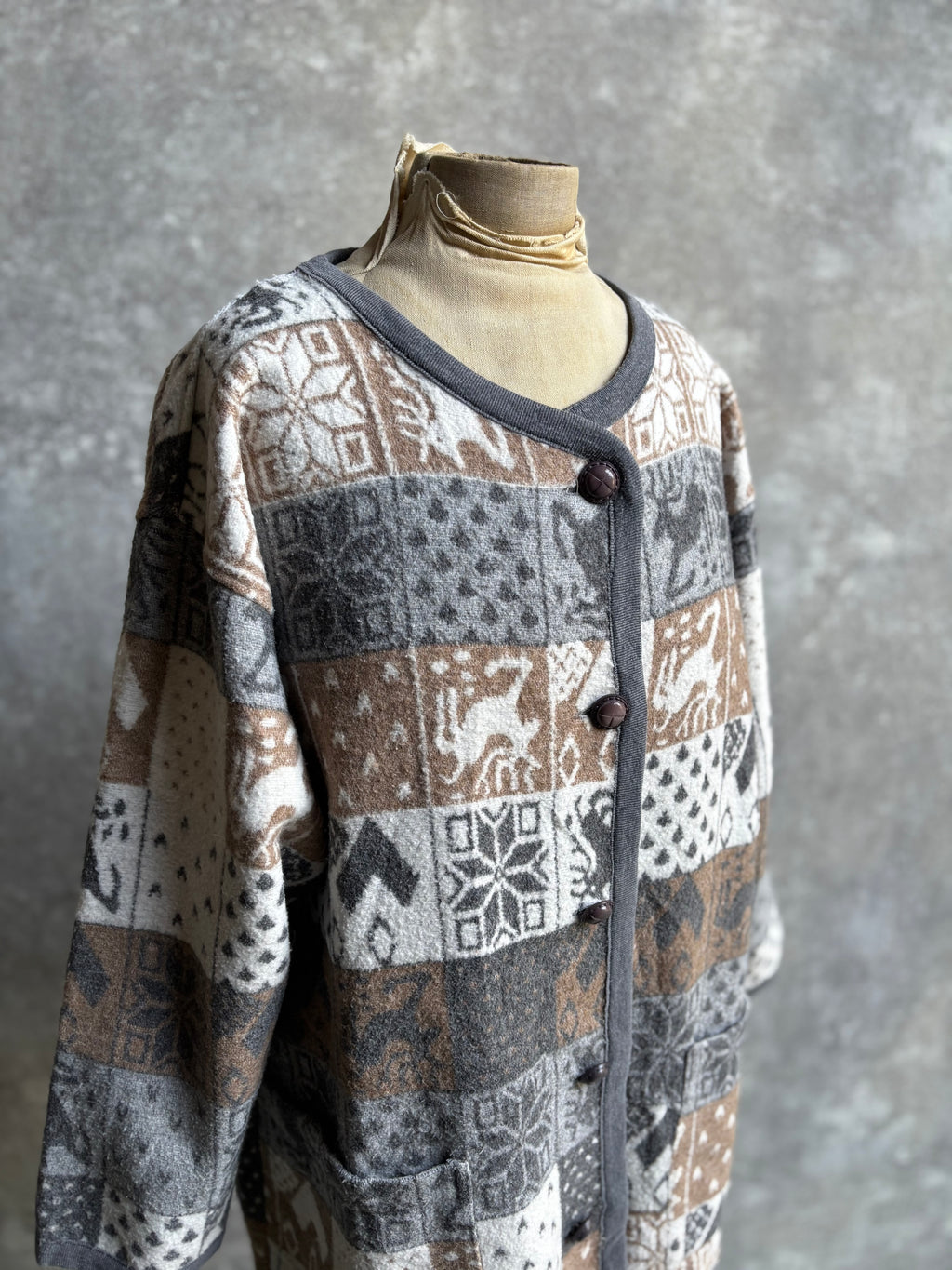 【1980’s】Nordic Pattern Patchwork Fleece Cardigan