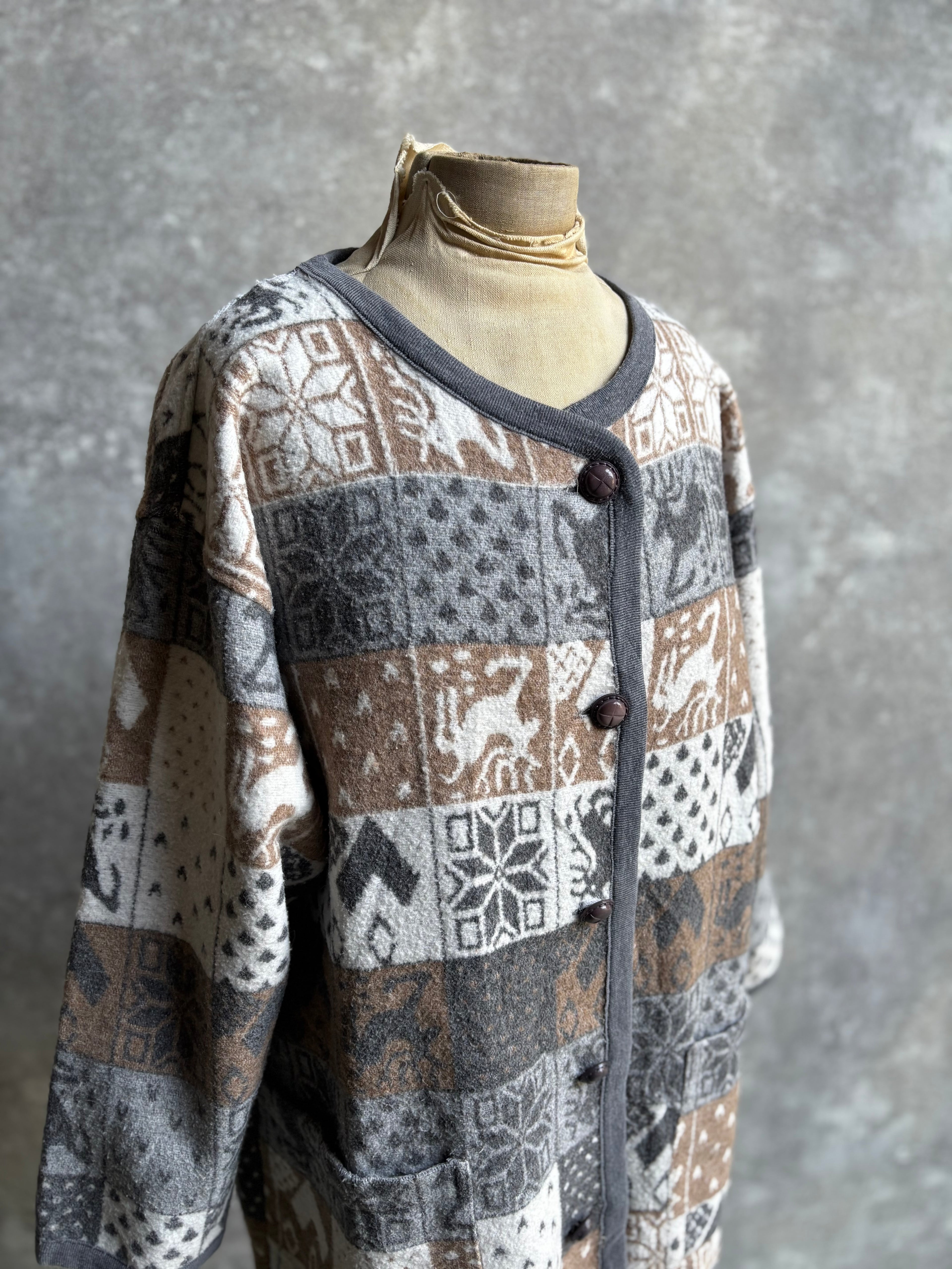 【1980’s】Nordic Pattern Patchwork Fleece Cardigan