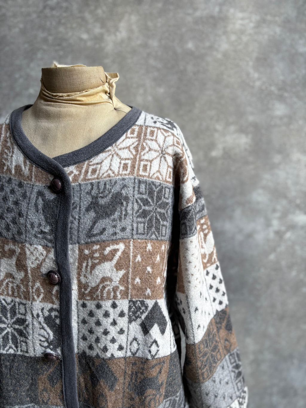 【1980’s】Nordic Pattern Patchwork Fleece Cardigan