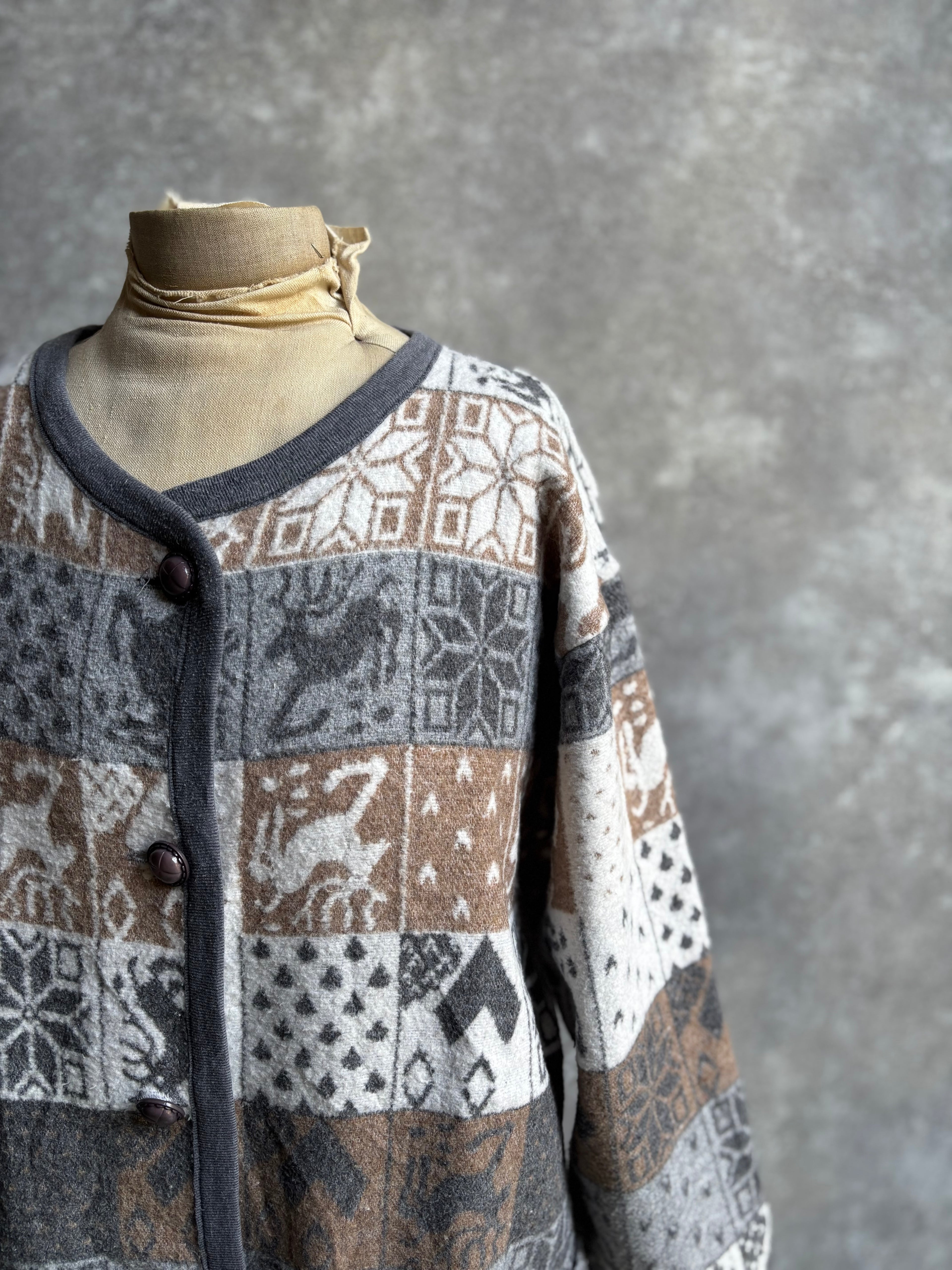【1980’s】Nordic Pattern Patchwork Fleece Cardigan