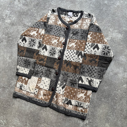 【1980’s】Nordic Pattern Patchwork Fleece Cardigan