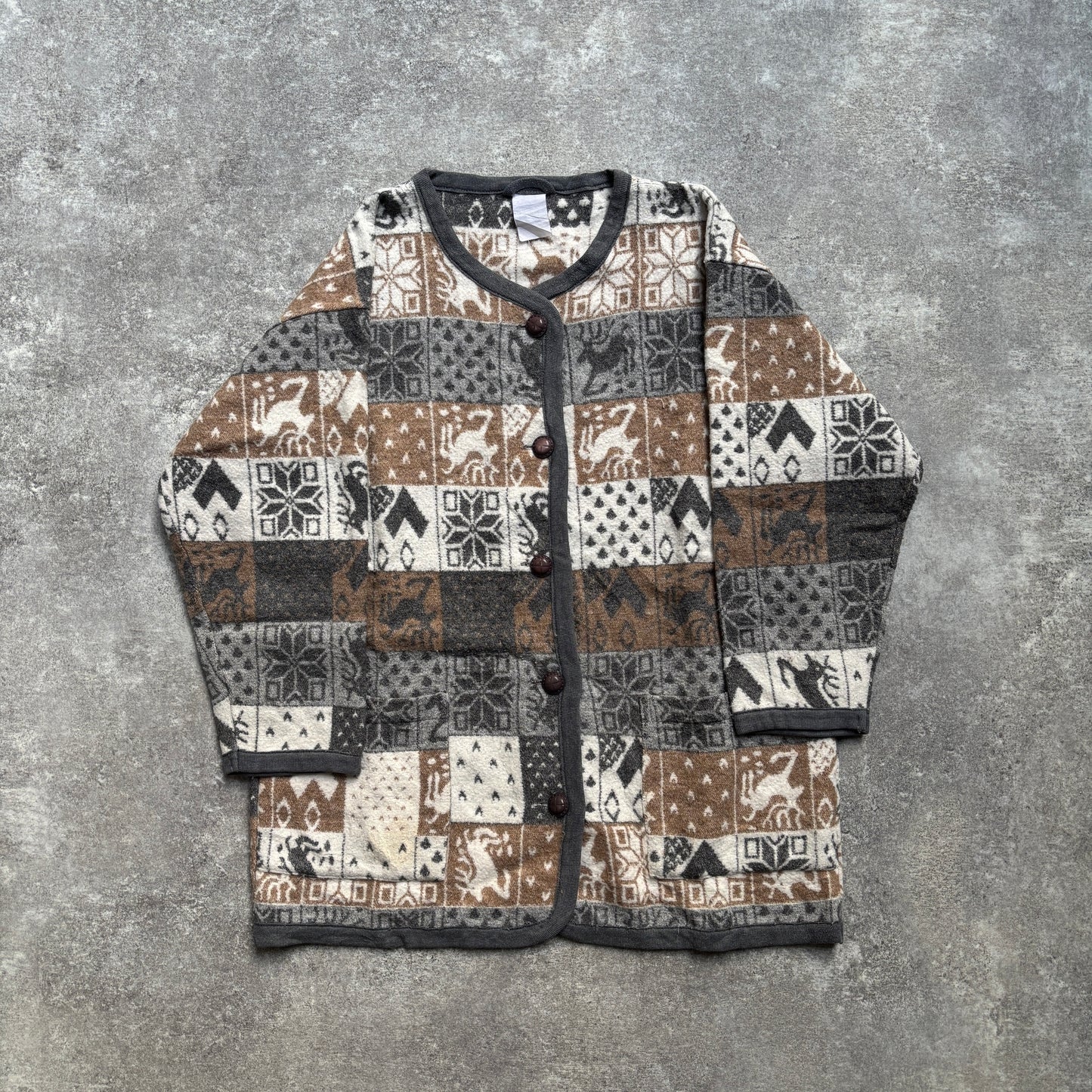 【1980’s】Nordic Pattern Patchwork Fleece Cardigan